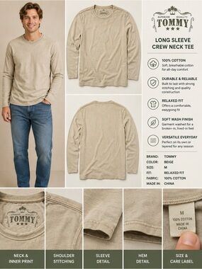 Tommy Long Sleeve Beige Crew Neck Shirt Medium